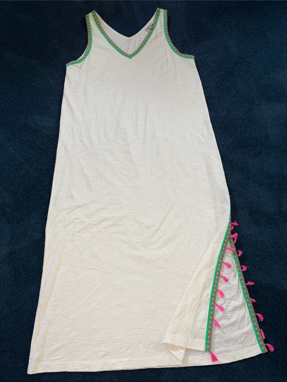 Lisa Todd Off  White Dress with Bright Green and Pink  tassel and brocade Trim